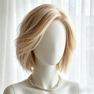 Puede incluir: Una cabeza de maniquí con una peluca rubia corta y en capas. La peluca tiene un estilo natural con ondas suaves. Un collar de perlas de varias hebras adorna el cuello del maniquí. El fondo es una cortina blanca transparente.