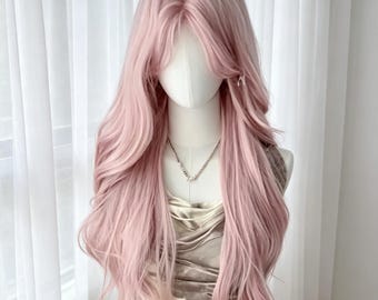 カスタマイズ可能、ソフトピンクのロングウェーブ合成ウィッグ（前髪付き）、耐熱性、自然な見た目で普段使いのコスプレに最適