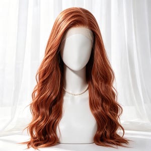 Könnte beinhalten: Eine auburnfarbene Perücke mit langen, welligen Locken auf einem weißen Schaufensterkopf. Die Perücke hat eine Spitze vorne und einen natürlichen Haaransatz. Eine Perlenkette schmückt den Hals der Schaufensterpuppe. Der Hintergrund ist ein weißer Vorhang.