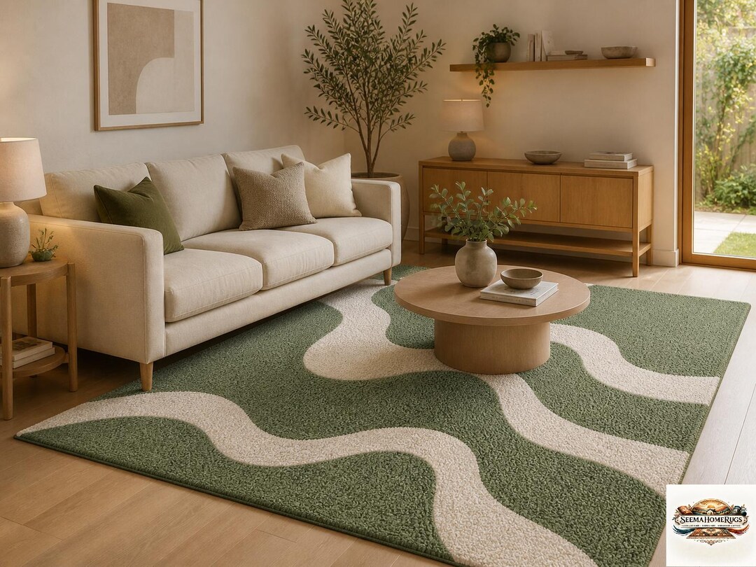 Sage Green Abstract Rug, Modern Neutral Area Rug, Cream Wavy Line ...