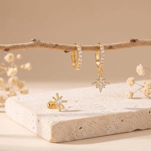 18K Gold Filled 3 Piece Earring Set, CZ Star Stud, Pavé Huggie Hoops, Celestial Charm Jewelry, Minimalist Ear Stack