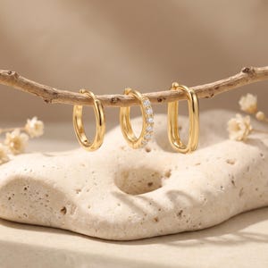 18K Gold Filled 3-Piece Earring Set, Pavé Huggie, Smooth Huggie, Long Oval Earrings, Dainty Stackable Jewelry