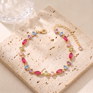 18K Gold Filled Rainbow CZ Bracelet, Colorful Gemstone Link Chain Bracelet, Dainty Stackable Jewelry for Women