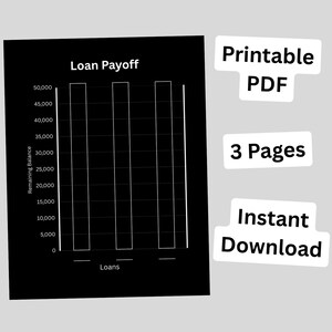 May include: A black and white graphic showing a loan payoff chart with the title "Loan Payoff". The chart displays a graph with the remaining balance on the vertical axis and loans on the horizontal axis. Text includes "Printable PDF", "3 Pages", and "Instant Download".