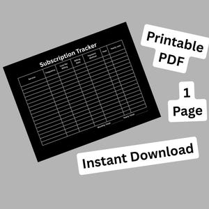 Może przedstawiać: Czarny tracker subskrypcji z białymi liniami siatki i tekstem. Tekst zawiera "Subscription Tracker", "Frequency", "Cost Per Billing", "Billing Date", "Payment Method" i "Yearly Cost". Dodatkowy tekst brzmi "PDF do wydruku", "1 strona" i "Natychmiastowe pobieranie".