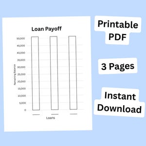 May include: A printable PDF document with a loan payoff chart. The chart has three columns labeled "Loans" and a vertical axis showing the remaining balance. Text on the image includes "Printable PDF", "3 Pages", and "Instant Download".