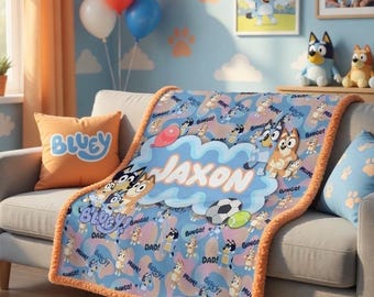 Custom Bluey Name Sherpa Minky Blanket | Personalised Kids Throw | Ultra Soft Plush