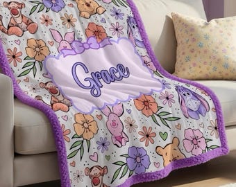 Custom Winne the Pooh Name Sherpa Minky Blanket | Personalised Kids Throw | Ultra Soft Plush