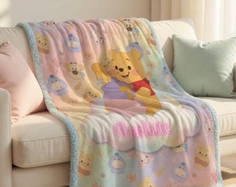 Custom Winne the Pooh Name Sherpa Minky Blanket | Personalised Kids Throw | Ultra Soft Plush