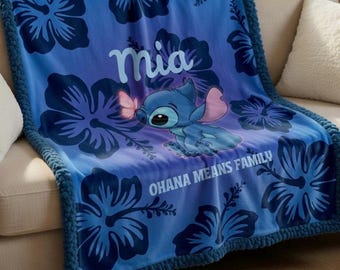 Custom Name Lilo & Stitch Sherpa Minky Blanket | Personalised Kids Throw