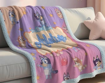 Custom Name Bluey Sherpa Minky Blanket | Personalised Kids Throw