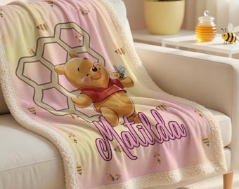 Custom Winne the Pooh Name Sherpa Minky Blanket | Personalised Kids Throw | Ultra Soft Plush