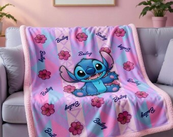 Custom Name Lilo & Stitch Sherpa Minky Blanket | Personalised Kids Throw