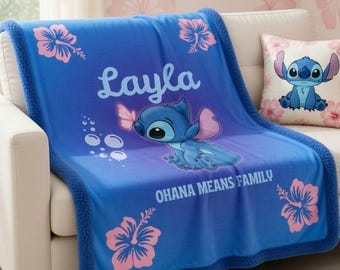 Custom Name Lilo & Stitch Sherpa Minky Blanket | Personalised Kids Throw