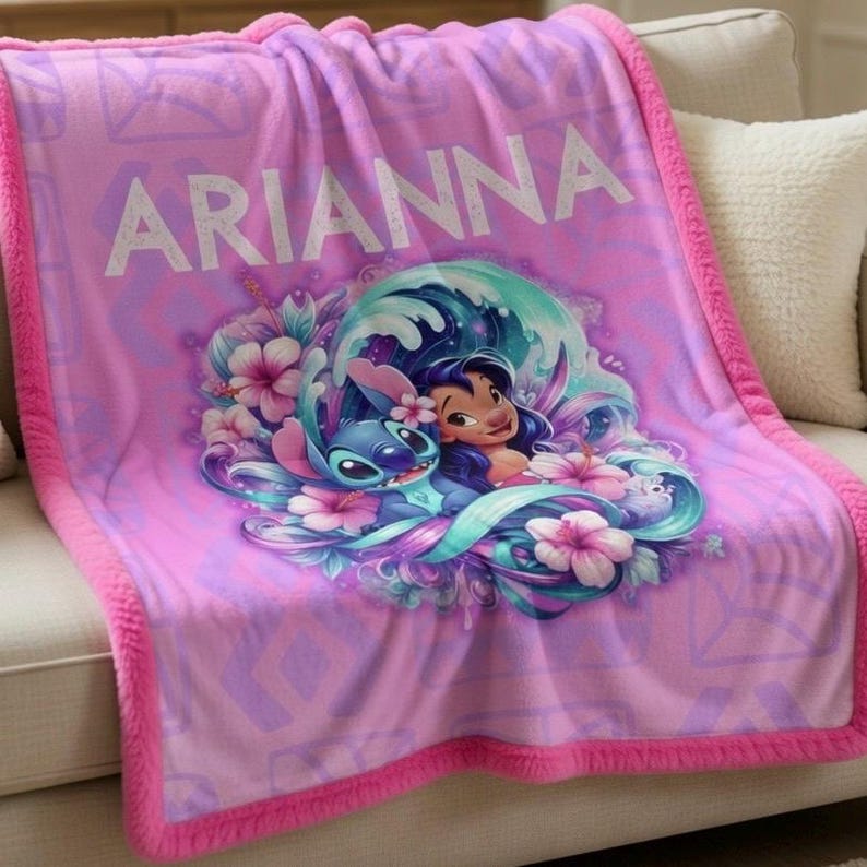 Custom Name Lilo & Stitch Sherpa Minky Blanket | Personalised Kids Throw image 1