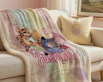 Custom Winne the Pooh Name Sherpa Minky Blanket | Personalised Kids Throw | Ultra Soft Plush