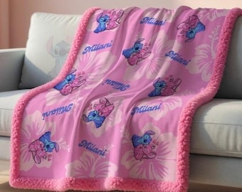 Custom Name Lilo & Stitch Sherpa Minky Blanket | Personalised Kids Throw