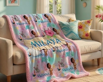 Custom Moana Name Sherpa Minky Blanket | Personalised Kids Throw | Ultra Soft Plush