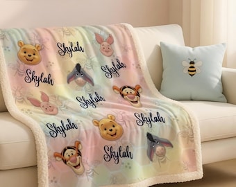 Custom Winne the Pooh Name Sherpa Minky Blanket | Personalised Kids Throw | Ultra Soft Plush