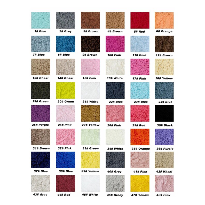 Puede incluir: Una carta de colores con 48 muestras de tela texturizada en varios colores. Cada muestra est&aacute; etiquetada con un n&uacute;mero y un nombre de color, incluyendo tonos de azul, rosa, marr&oacute;n y verde. La imagen est&aacute; bien iluminada, mostrando la textura de la tela.