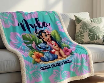 Custom Name Lilo & Stitch Sherpa Minky Blanket | Personalised Kids Throw