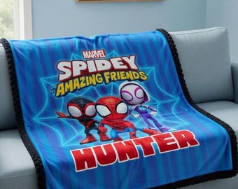 Custom Name Spidey & Friends Sherpa Minky Blanket | Personalised Kids Throw | Ultra Soft Plush