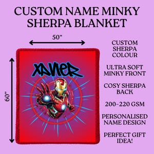 Puede incluir: Una manta Sherpa roja personalizada, de 152 cm x 127 cm, con el nombre "Xavier" en letras azules estilo grafiti y un gr&aacute;fico de Iron Man. La manta tiene un reverso de Sherpa acogedor y un frente de minky ultrasuave.
