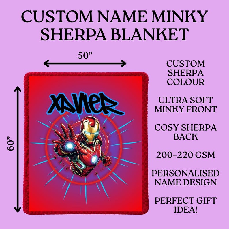 Puede incluir: Una manta Sherpa roja personalizada, de 152 cm x 127 cm, con el nombre "Xavier" en letras azules estilo grafiti y un gr&aacute;fico de Iron Man. La manta tiene un reverso de Sherpa acogedor y un frente de minky ultrasuave.