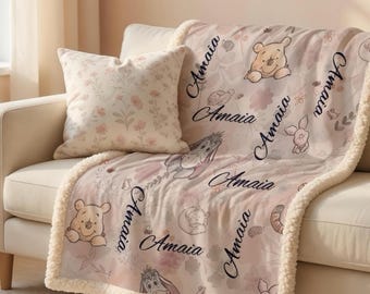 Custom Winne the Pooh Name Sherpa Minky Blanket | Personalised Kids Throw | Ultra Soft Plush