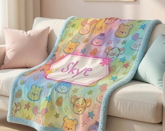 Custom Winne the Pooh Name Sherpa Minky Blanket | Personalised Kids Throw | Ultra Soft Plush