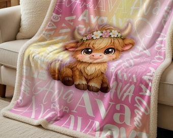 Custom Highland Cow Name Sherpa Minky Blanket | Ultra Soft Plush Throw