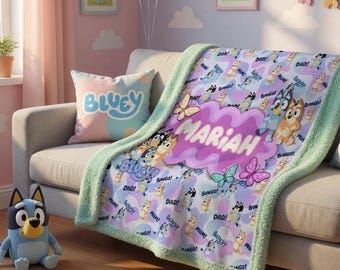 Custom Bluey Name Sherpa Minky Blanket | Personalised Kids Throw | Ultra Soft Plush