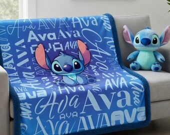 Custom Name Lilo & Stitch Sherpa Minky Blanket | Personalised Kids Throw