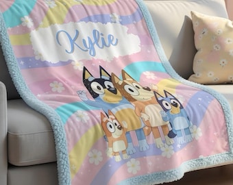 Custom Name Bluey Sherpa Minky Blanket | Personalised Kids Throw