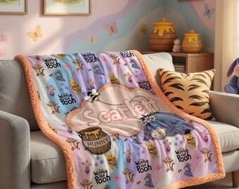 Custom Winne the Pooh Name Sherpa Minky Blanket | Personalised Kids Throw | Ultra Soft Plush