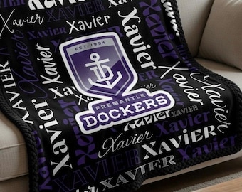Custom Name AFL Fremantle Sherpa Minky Blanket | Personalised Kids Throw | Ultra Soft Plush