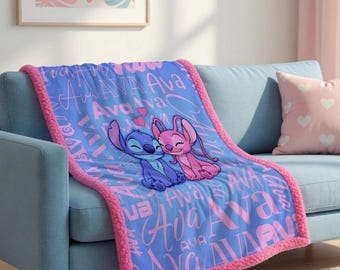 Custom Name Lilo & Stitch Sherpa Minky Blanket | Personalised Kids Throw