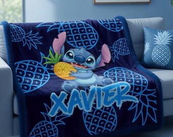 Custom Name Lilo & Stitch Sherpa Minky Blanket | Personalised Kids Throw