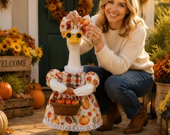 Conjunto de otoño para la cosecha de Acción de Gracias, conjunto de ganso de jardín de 58 cm, ropa para ganso de jardín, decoración de ganso para porche de granja otoñal con calabazas