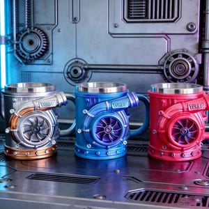 May include: Three stainless steel mugs with a turbocharger design. The mugs are silver, blue, and red, each with a matching handle and the word "TURBO" printed on the side. The mugs have a metallic finish and a unique, industrial aesthetic.