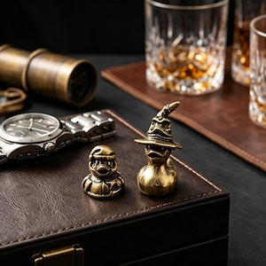 Pode incluir: Duas figuras de pato de latão, uma usando um chapéu, estão em uma caixa de couro marrom. Um relógio e um telescópio de latão são visíveis no fundo. Dois copos de cristal também estão no fundo.