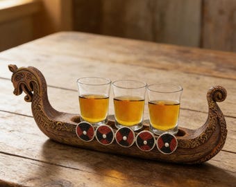 Conjunto de copos de shot em formato de navio viking | Decoração pirata nórdica | Presente para o Dia dos Pais, Presente de Formatura