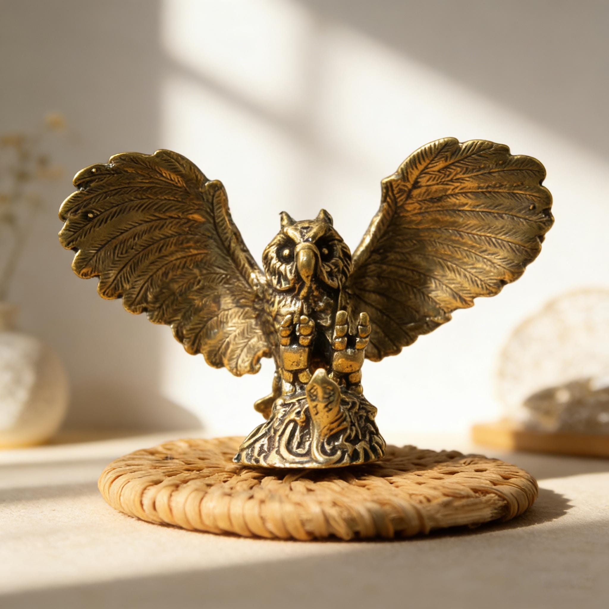 Brass Spread-Wing Owl Sculpture | Antique Finish Owl Statue | Spiritual Protection Decor | Gift for 