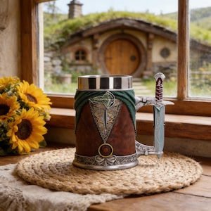 May include: A decorative beer stein with a brown leather-like exterior, green fabric accents, and a silver handle shaped like a sword. The stein has a silver rim and a detailed design. Sunflowers sit next to the stein.