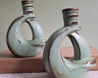 Vintage Pair Frankoma Pottery Prarie Green Candlesticks 305