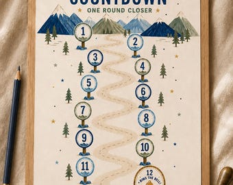 May include: A wooden clipboard holding a paper chart titled CHEMO COUNTDOWN ONE ROUND CLOSER. The chart features a winding path through mountains and trees with numbered circles from 1 to 12, ending with a bell icon labeled RING THE BELL.