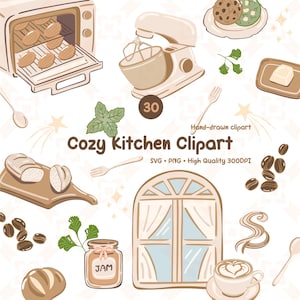 Puede incluir: Una colección de ilustraciones de clipart dibujadas a mano con temática de cocina en una paleta de colores cálidos y neutros. Las imágenes incluyen una batidora, un horno, pan, galletas, café y un tarro de mermelada. El texto dice "Cozy Kitchen Clipart".