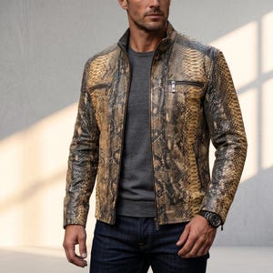 Men's Snake Print Leather Jacket | Gold Black Python Print Biker Jacket | Real Leather Moto Jacket | Exotic Leather Jacket