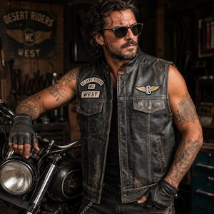 Men's Distressed Leather Biker Vest – Embroidered MC Patches, Desert Riders, American Iron Eagle