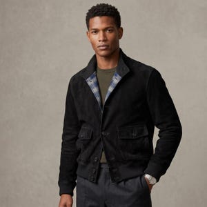 Men's Black Suede Leather Bomber Jacket  Button Front Varsity Style  Plaid Lined